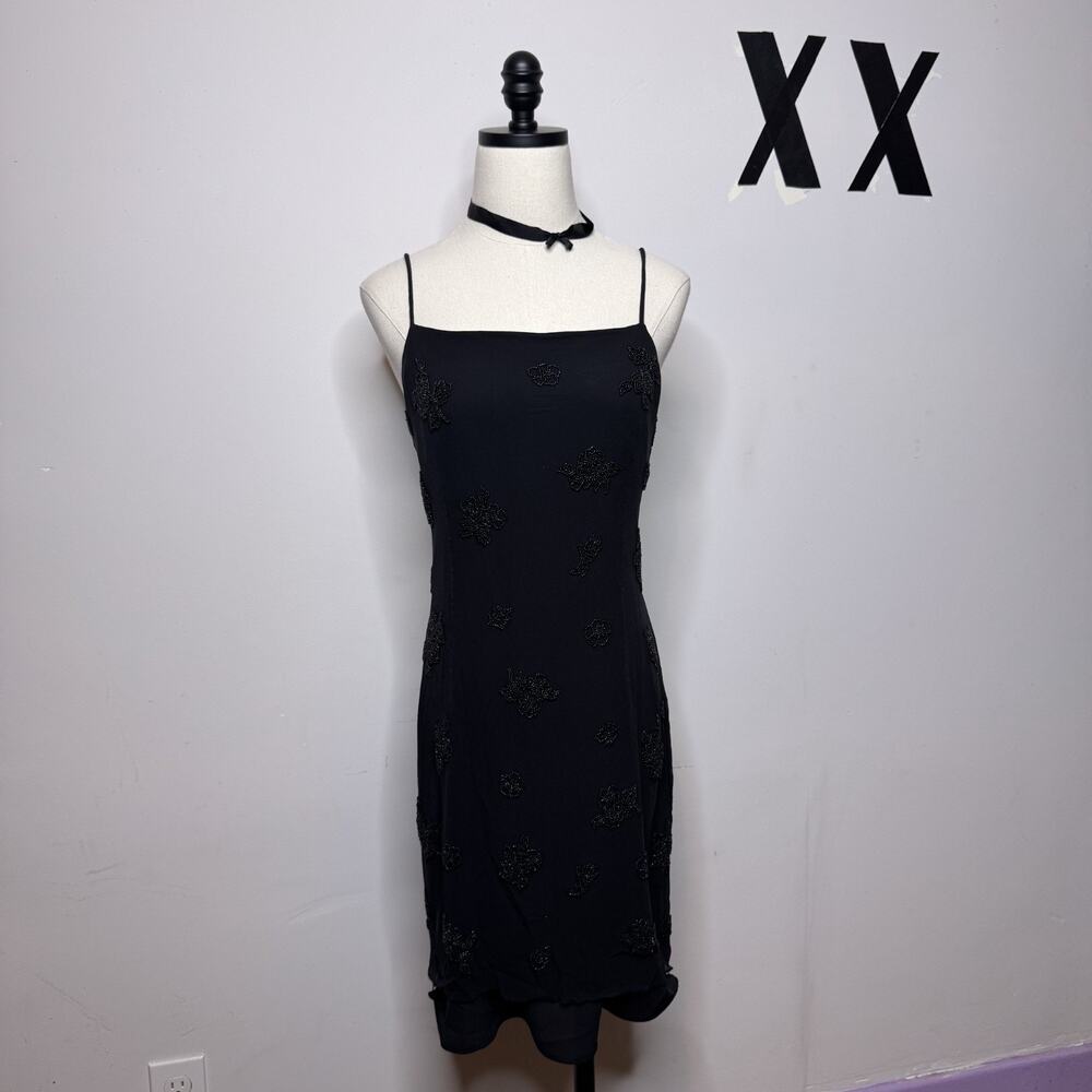 Vintage Y2K Black Silk Beaded Midi Slip Dress Square Neck Party 12